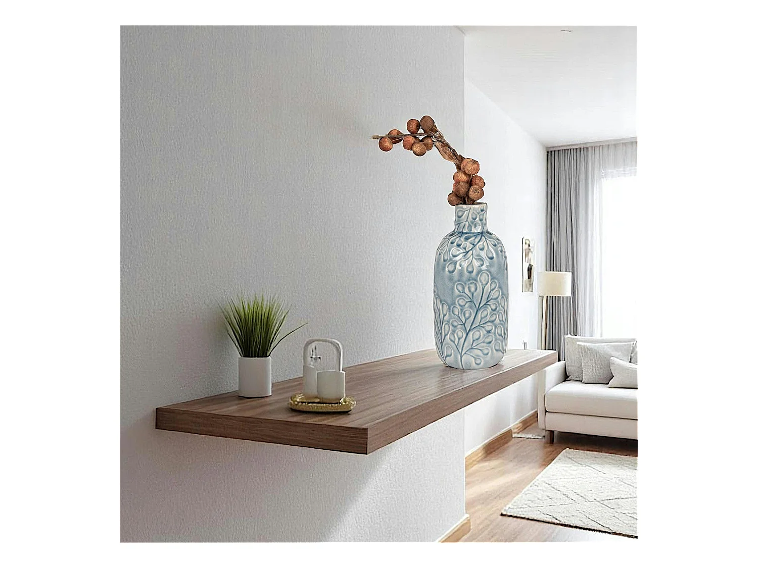 Vase décoratif bleu avec motif fleurs