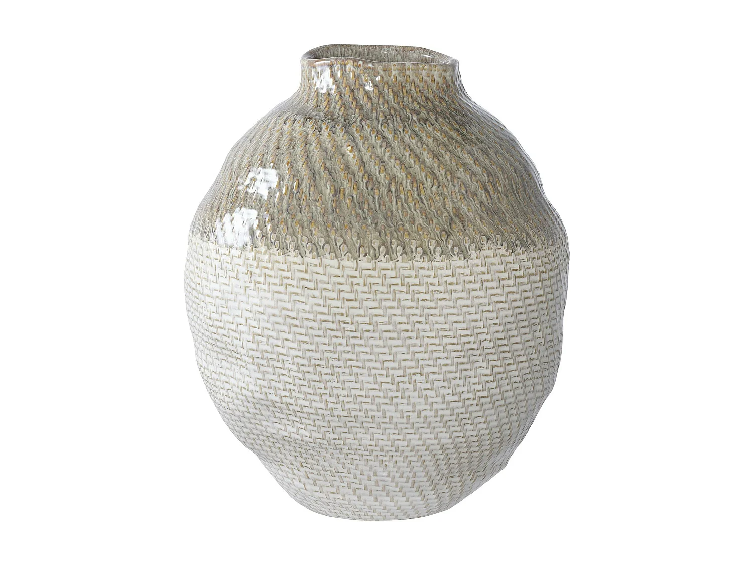 Vase rond vert et blanc, effet vannerie