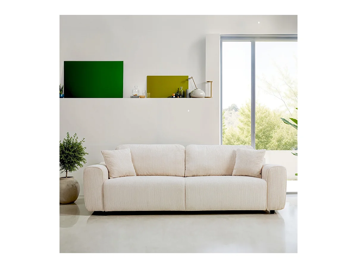 Canapé convertible 3 places en velours côtelé beige - Grazia