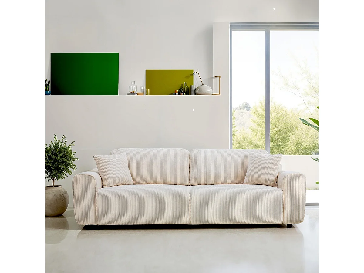 Canapé convertible 3 places en velours côtelé beige - Grazia