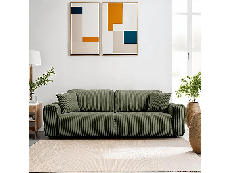 Canapé convertible 3 places en velours côtelé vert kaki - Grazia