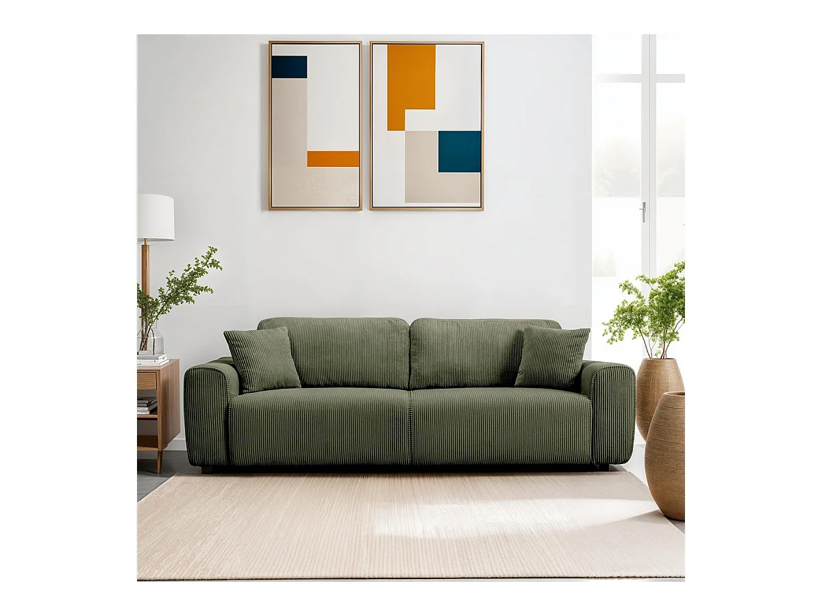 Canapé convertible 3 places en velours côtelé vert kaki - Grazia