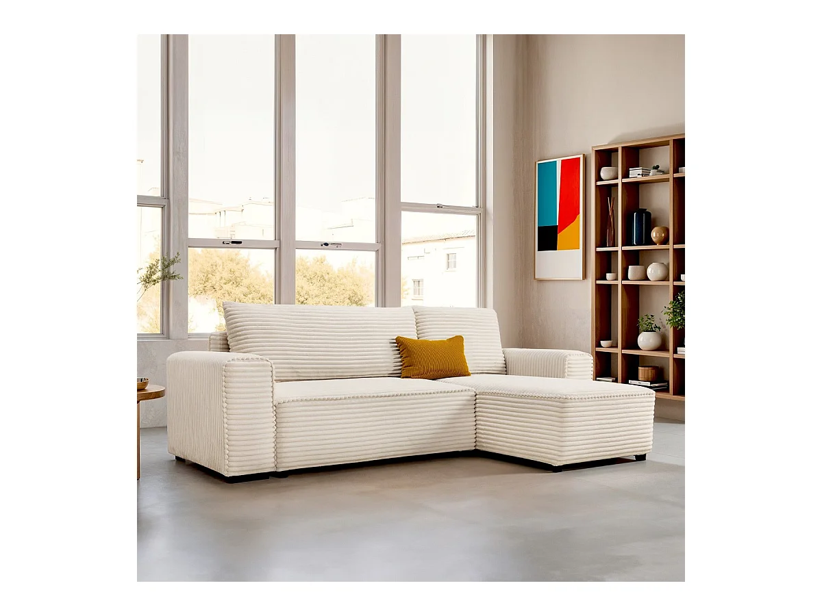 Canapé d'angle convertible réversible 3/4 places en velours gros côtelé beige - Farrow