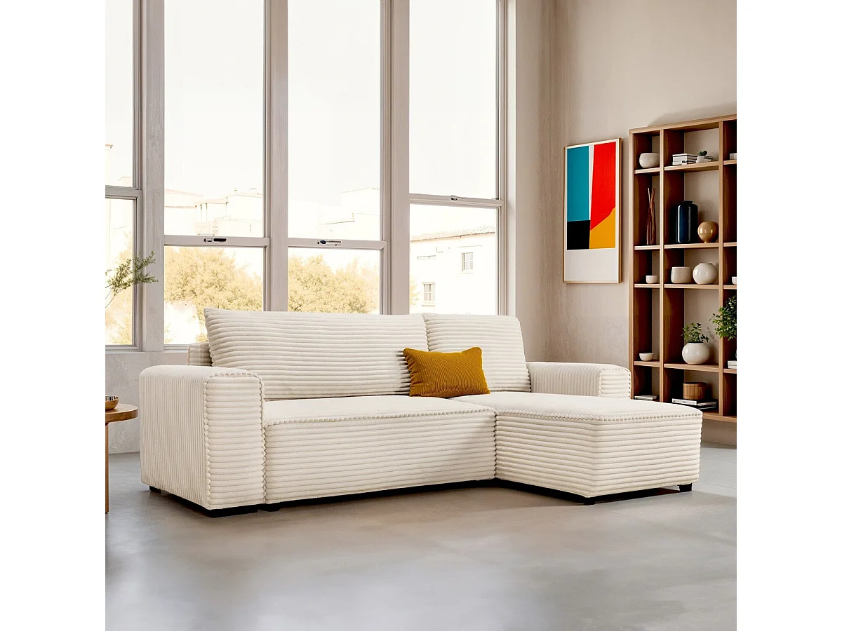 Canapé d'angle convertible réversible 3/4 places en velours gros côtelé beige - Farrow