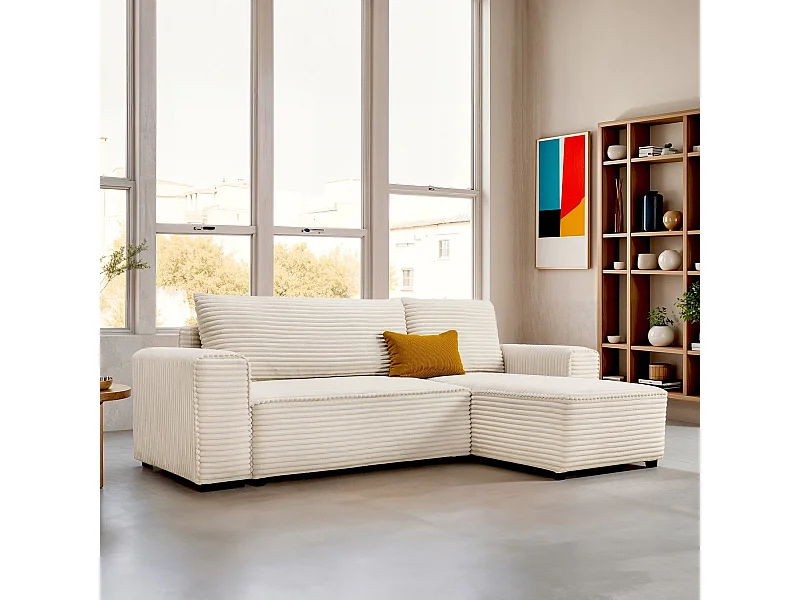 Canapé d'angle convertible réversible 3/4 places en velours gros côtelé beige - Farrow