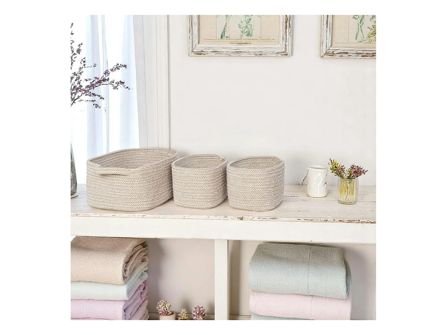 Panier de rangement en coton beige pour la maison (lot de 3)