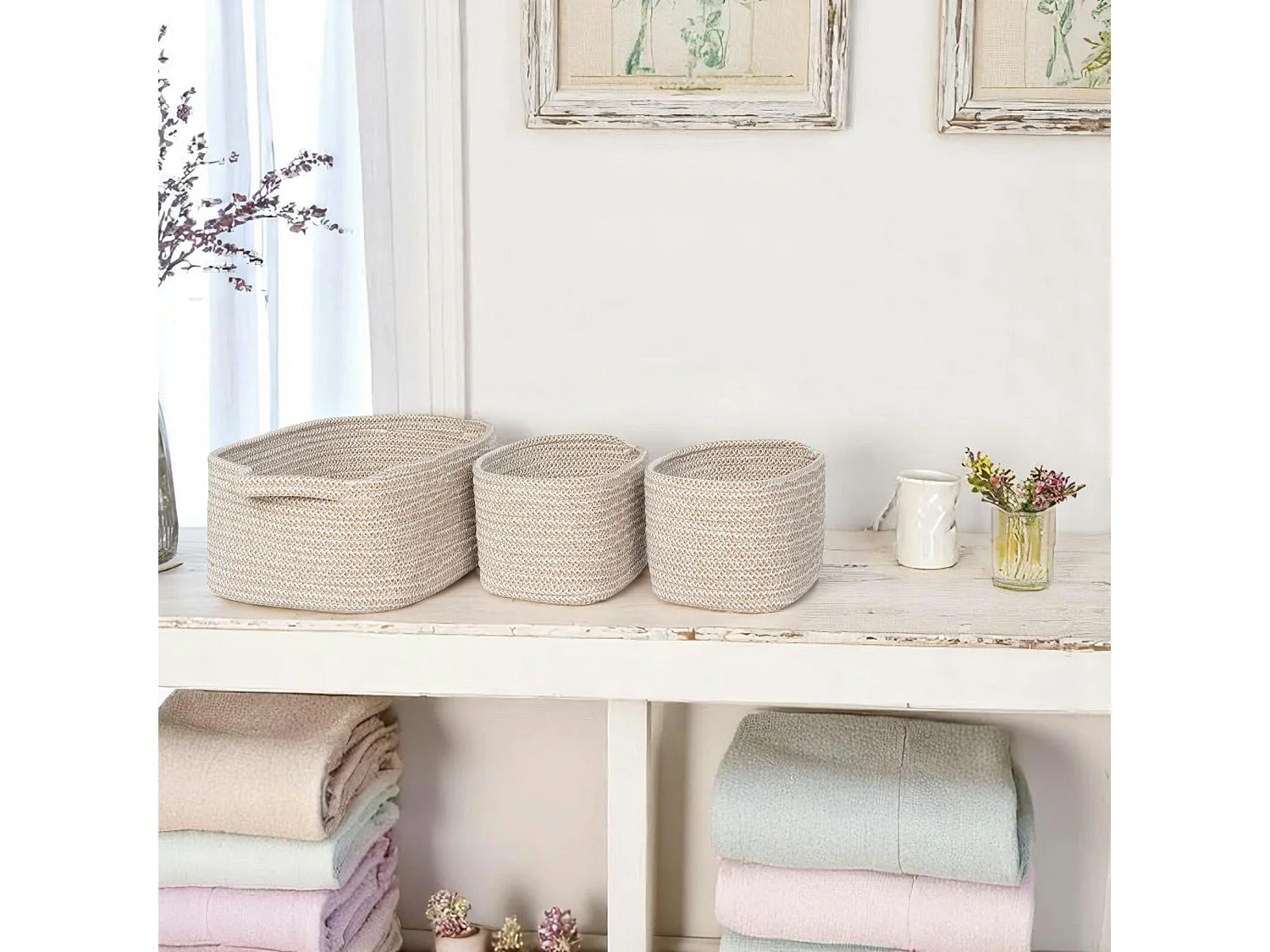 Panier de rangement en coton beige pour la maison (lot de 3)