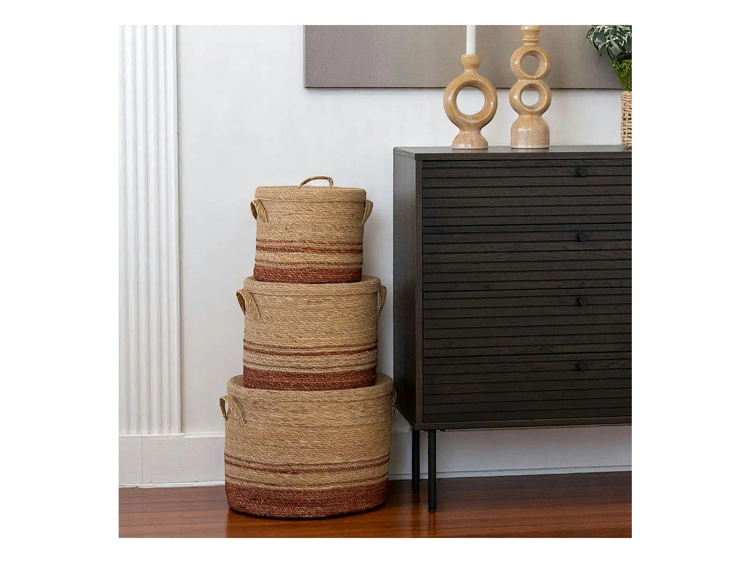 Panier tressé en jonc de mer pour rangement maison, tons bruns (lot de 3)