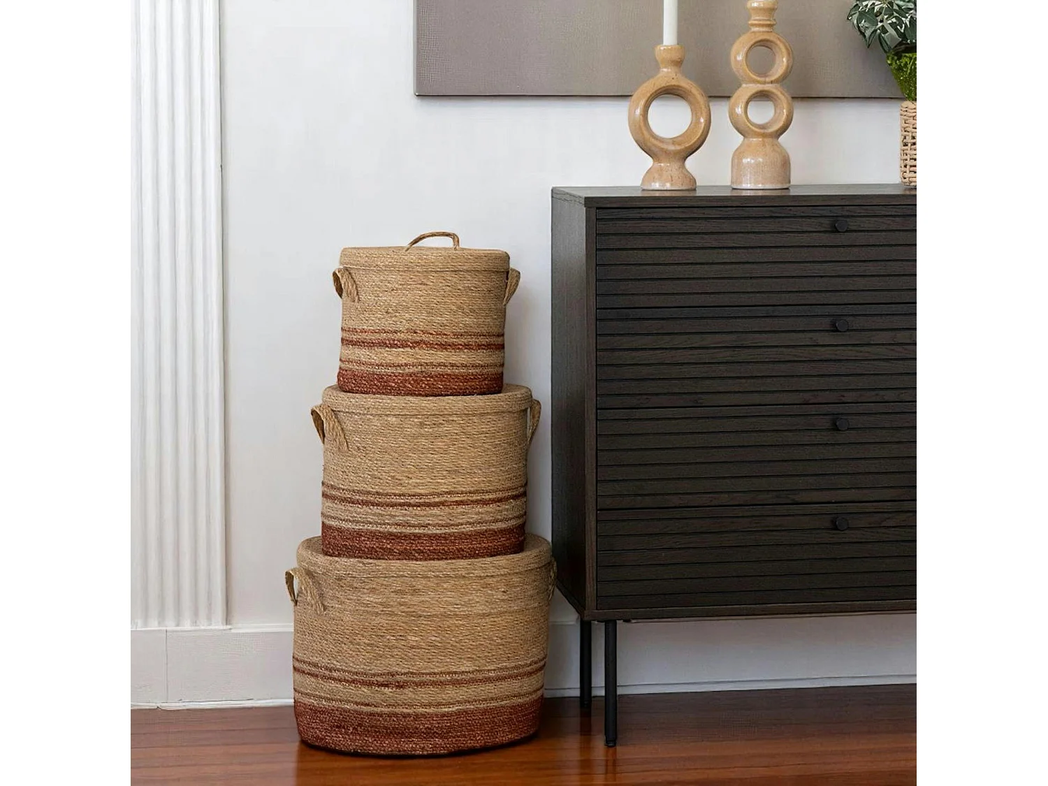 Panier tressé en jonc de mer pour rangement maison, tons bruns (lot de 3)