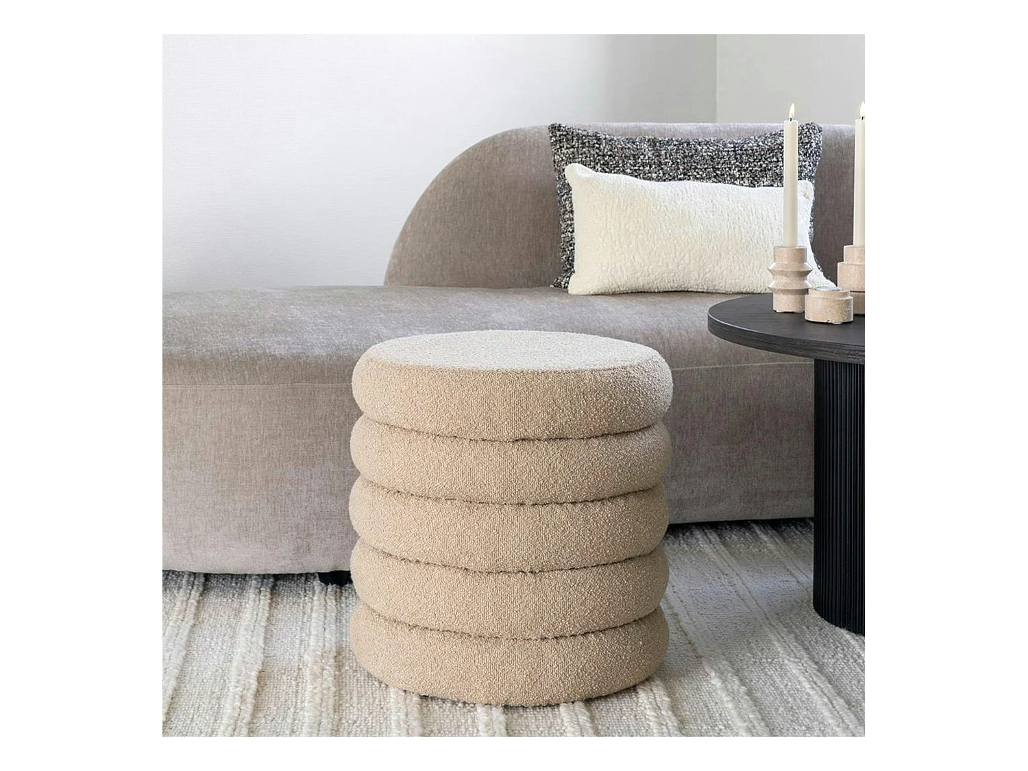Pouf avec rangement, tissu bouclette beige BRUGES