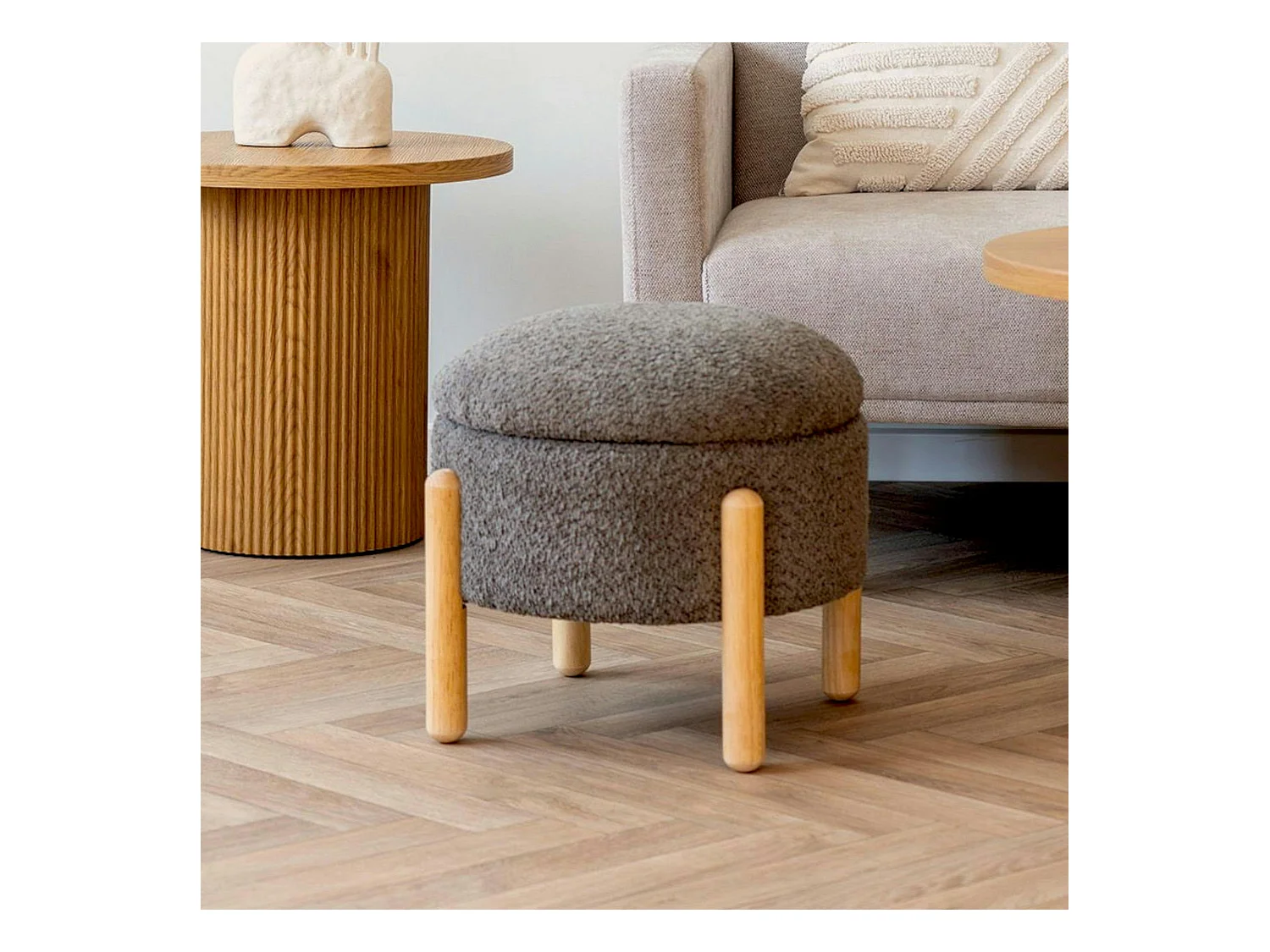 Pouf marron avec rangement, pieds en bois blond BRUGES