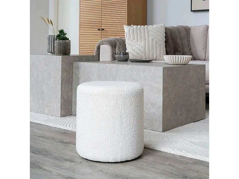 Pouf rond blanc en tissu bouclette BRUGES