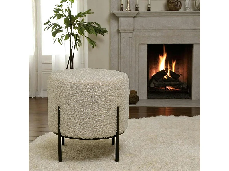 Pouf rond taupe effet fourrure avec pieds en métal noir BRUGES