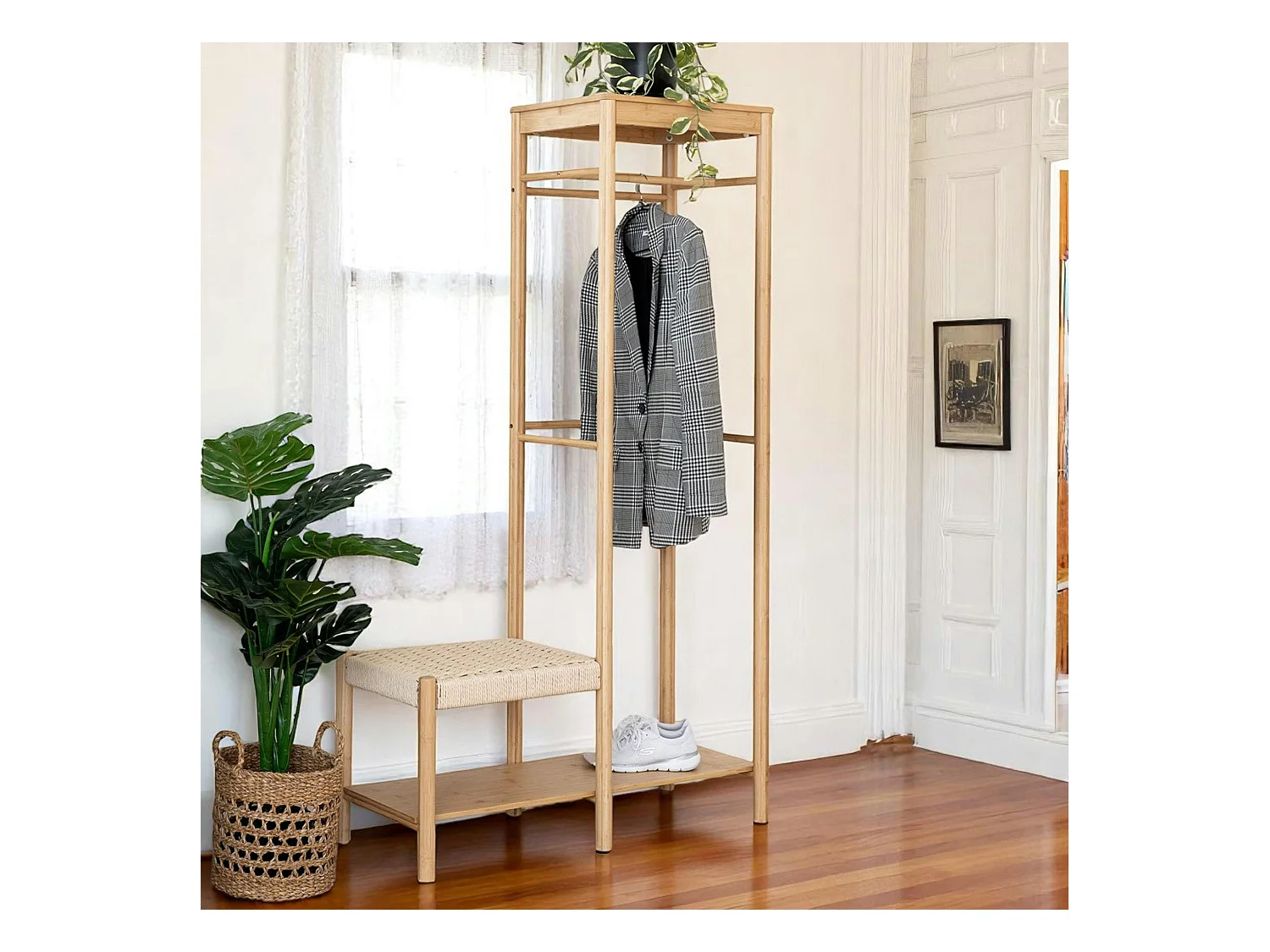 Vestiaire d'entrée en bambou avec penderie et siège BRUGES