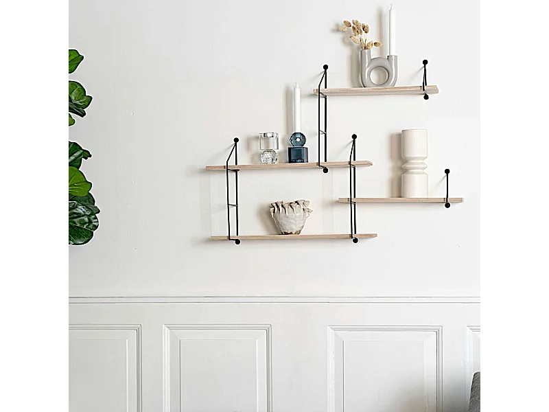 Etagère murale déstructurée en métal noir et bois, 4 plateaux TALLINN