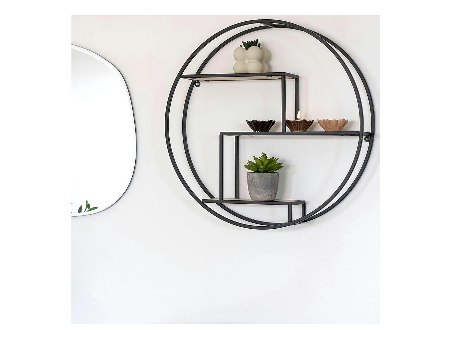 Etagère murale ronde en métal noir et bois Ø62 cm TALLINN