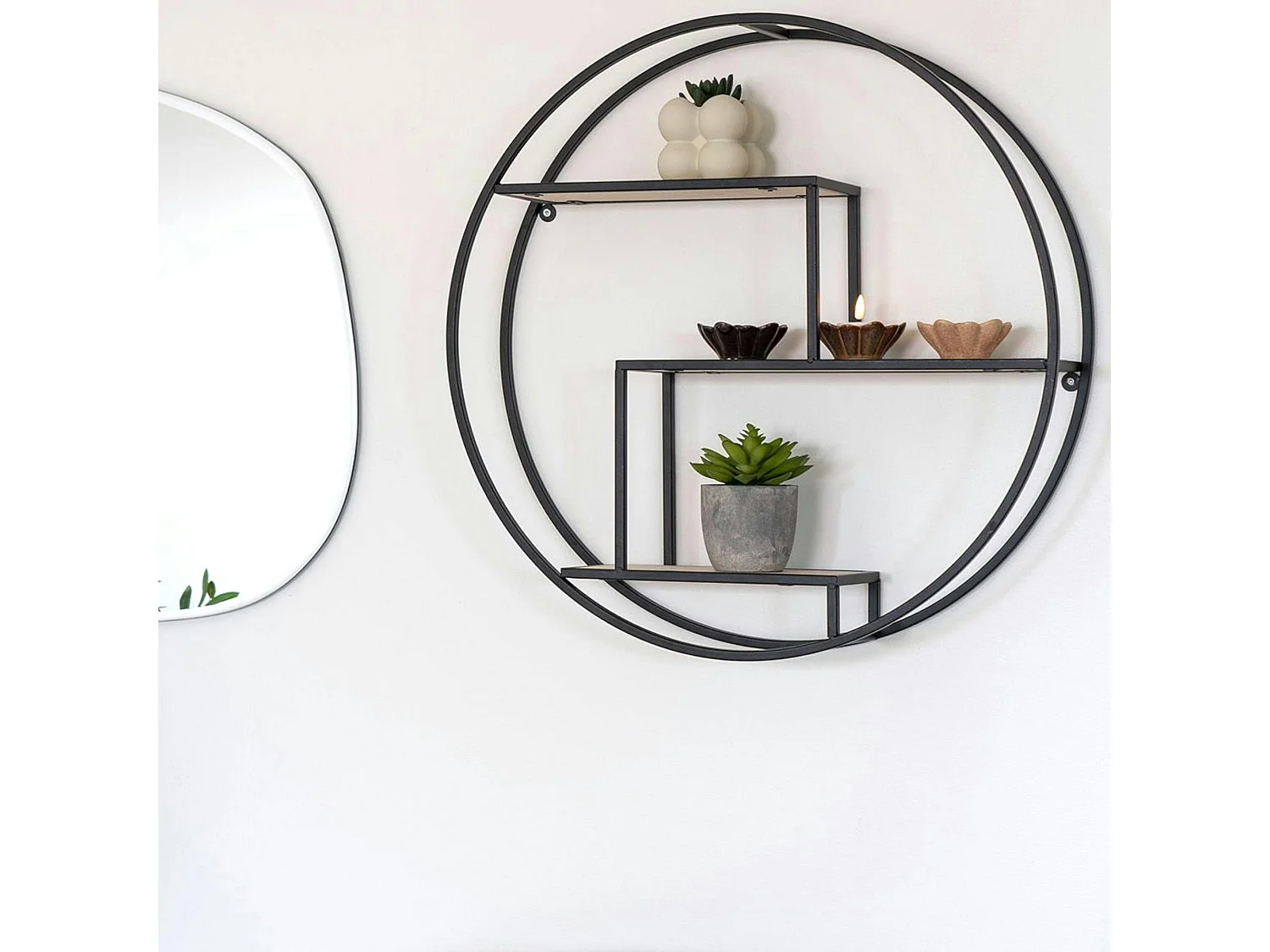 Etagère murale ronde en métal noir et bois Ø62 cm TALLINN