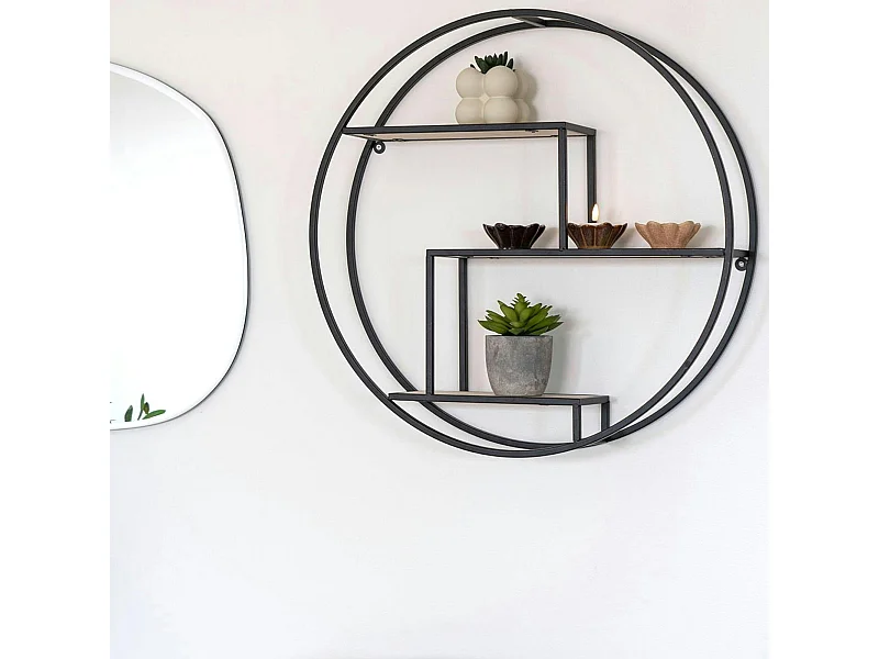 Etagère murale ronde en métal noir et bois Ø62 cm TALLINN