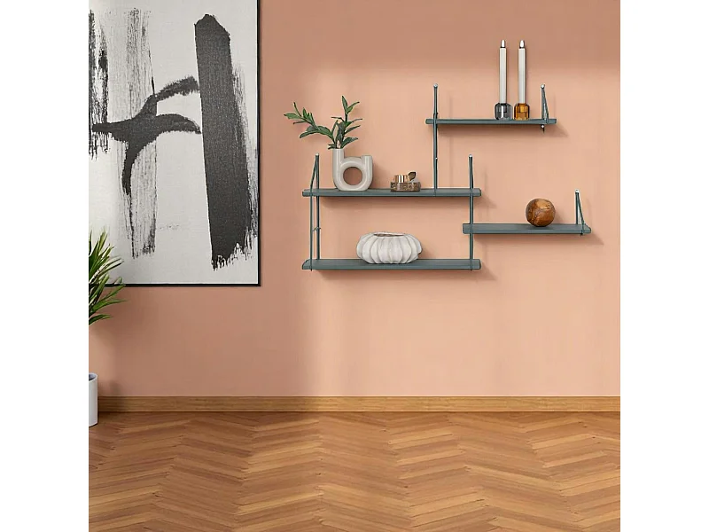 Etagère murale déstructurée en métal et bois, finition verte, 4 plateaux TALLINN