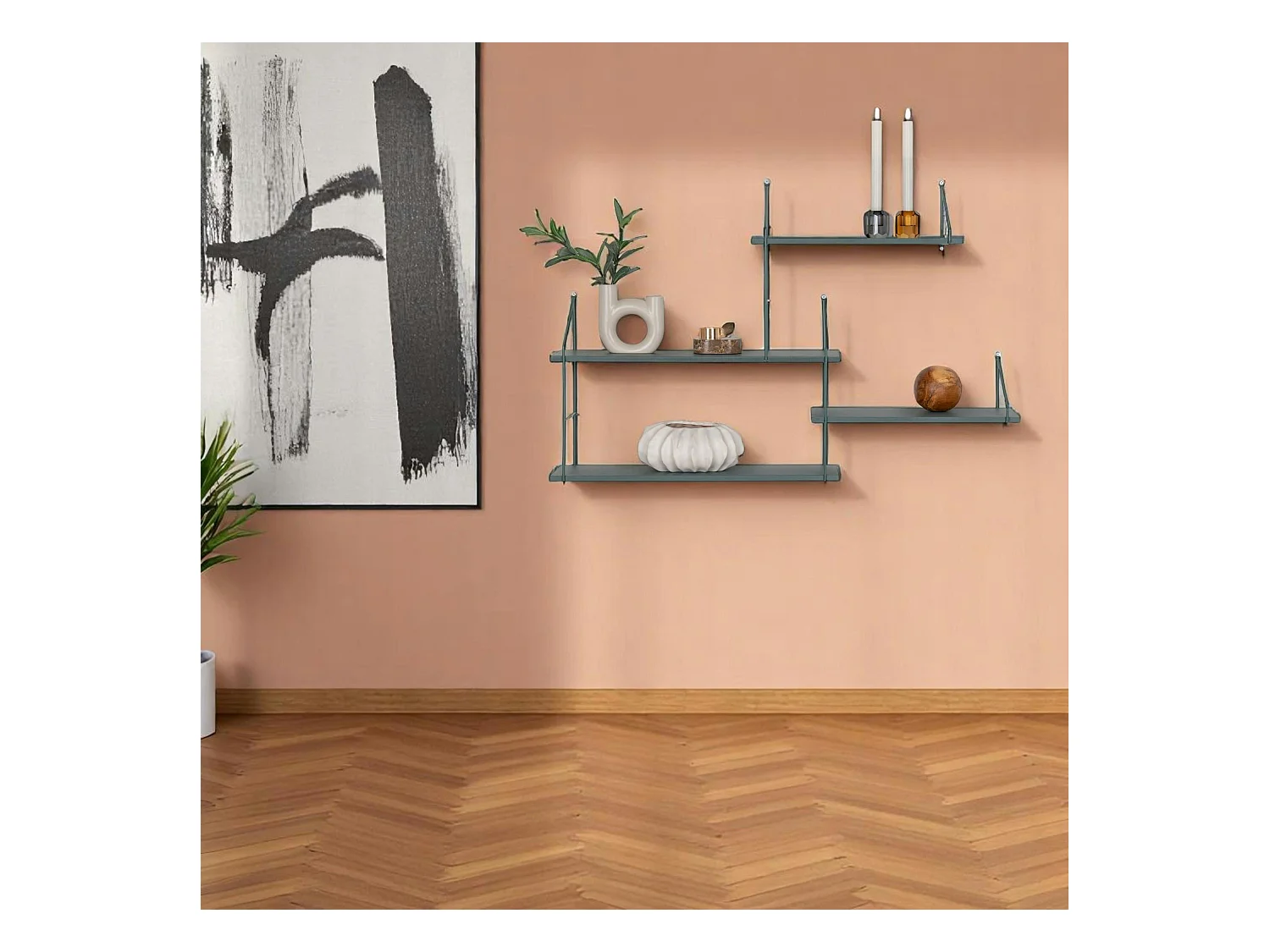 Etagère murale déstructurée en métal et bois, finition verte, 4 plateaux TALLINN