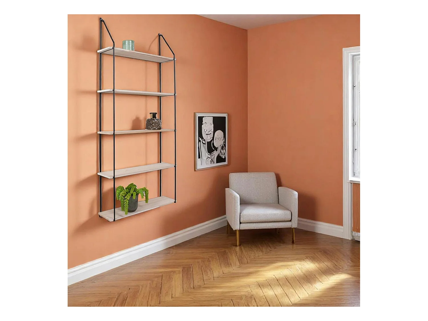 Etagère murale en métal noir et bois, 5 plateaux TALLINN