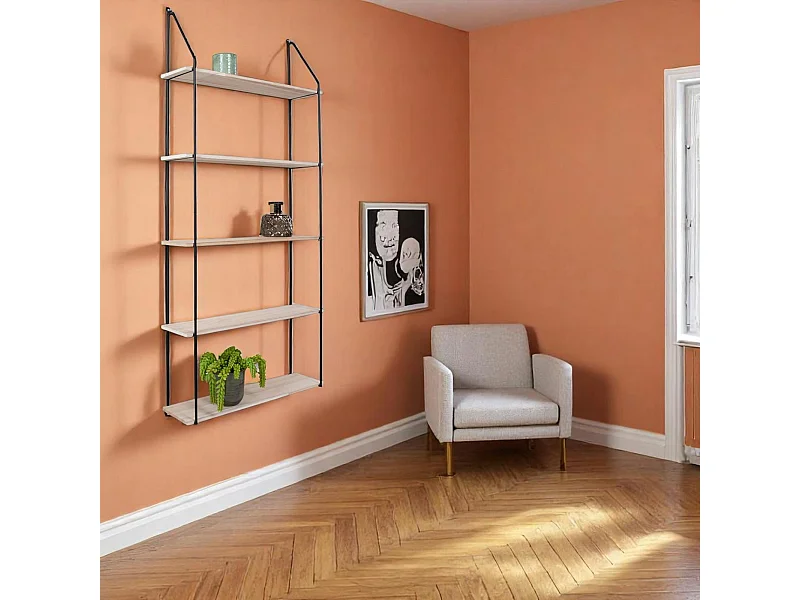 Etagère murale en métal noir et bois, 5 plateaux TALLINN