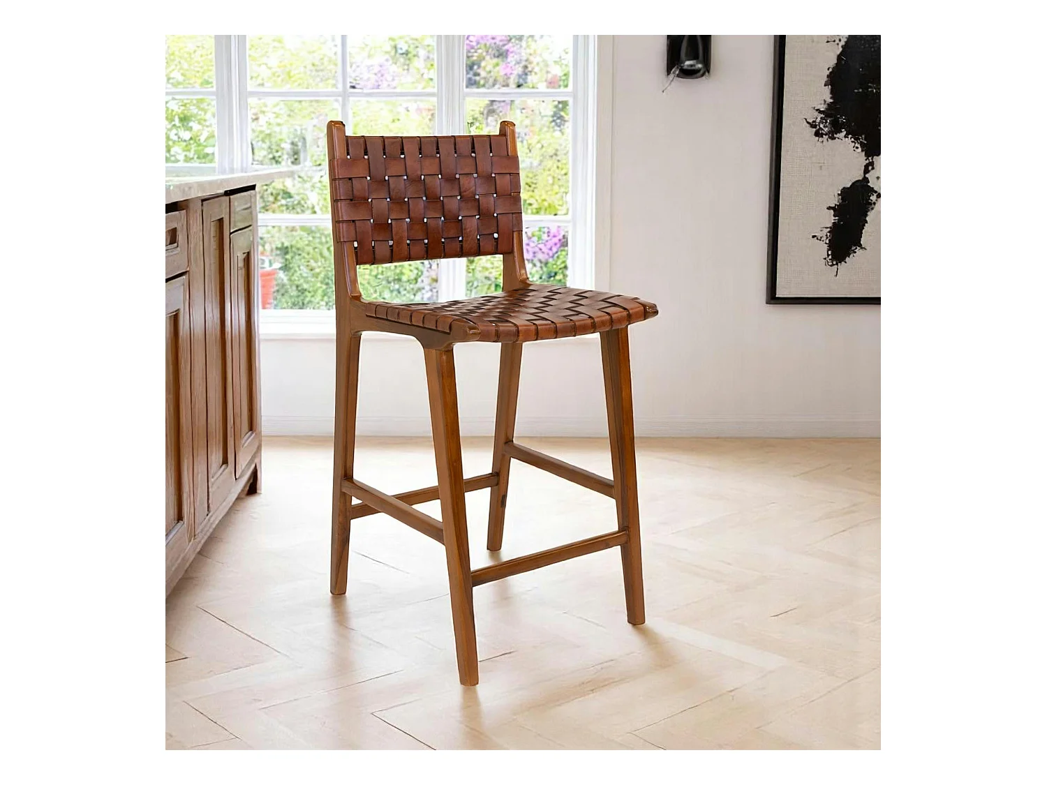 Chaise de bar en bois de teck et cuir marron MENDOZA