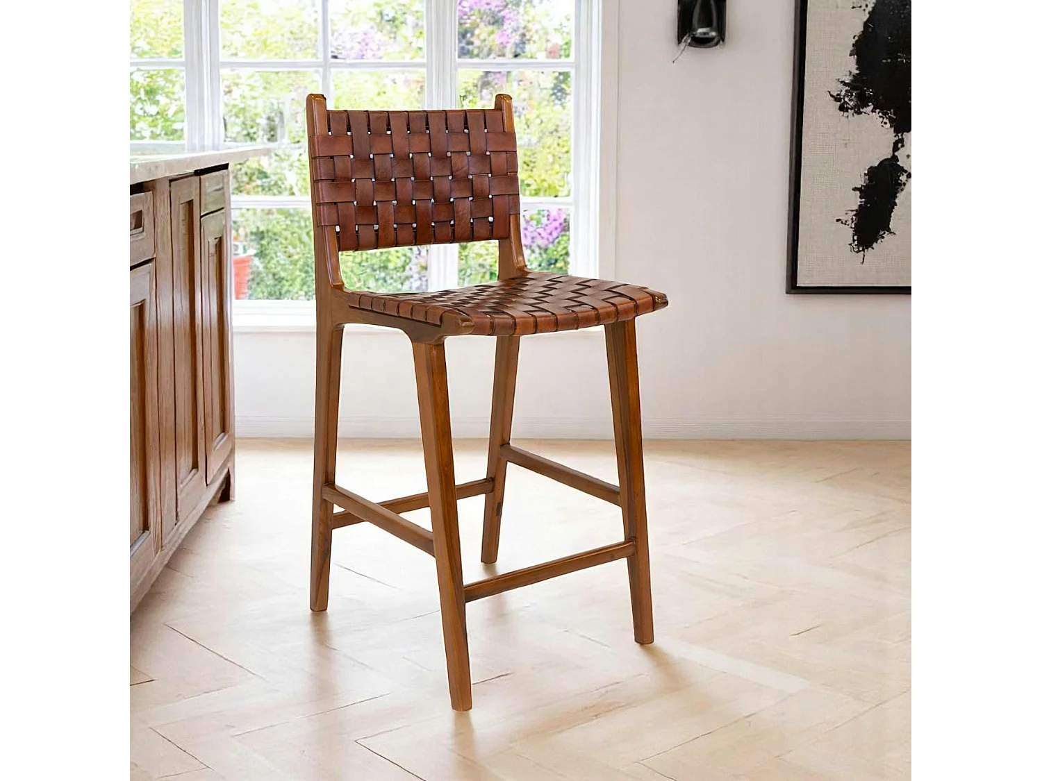 Chaise de bar en bois de teck et cuir marron MENDOZA