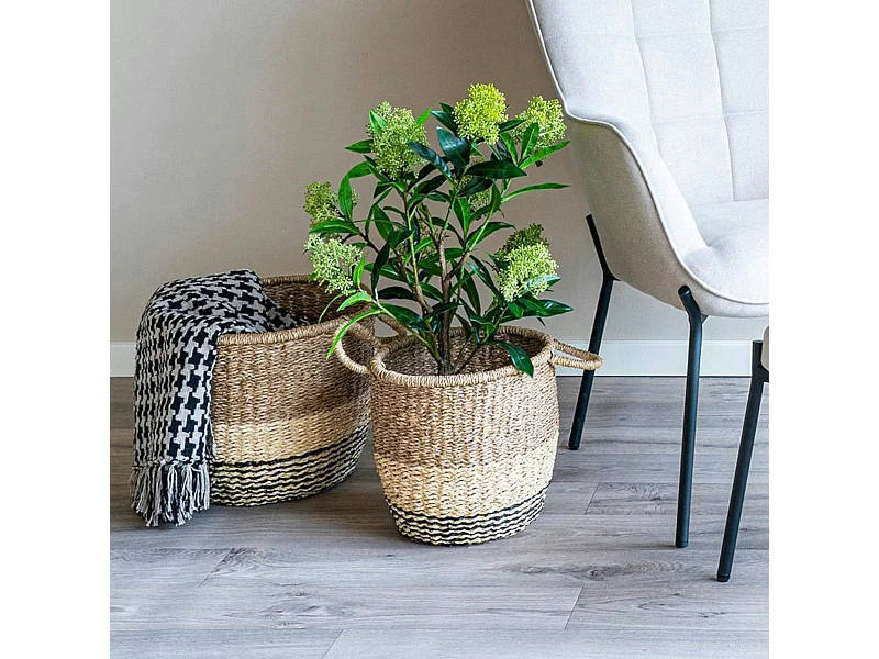 Panier de rangement en jonc de mer 3 couleurs avec poignées (lot de 2)