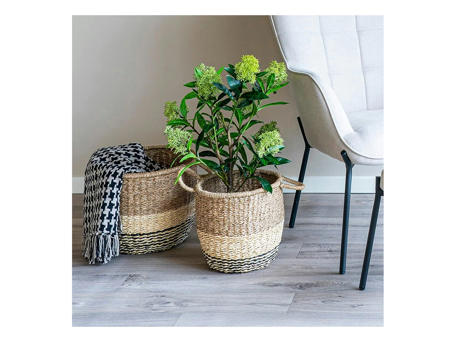 Panier de rangement en jonc de mer 3 couleurs avec poignées (lot de 2)