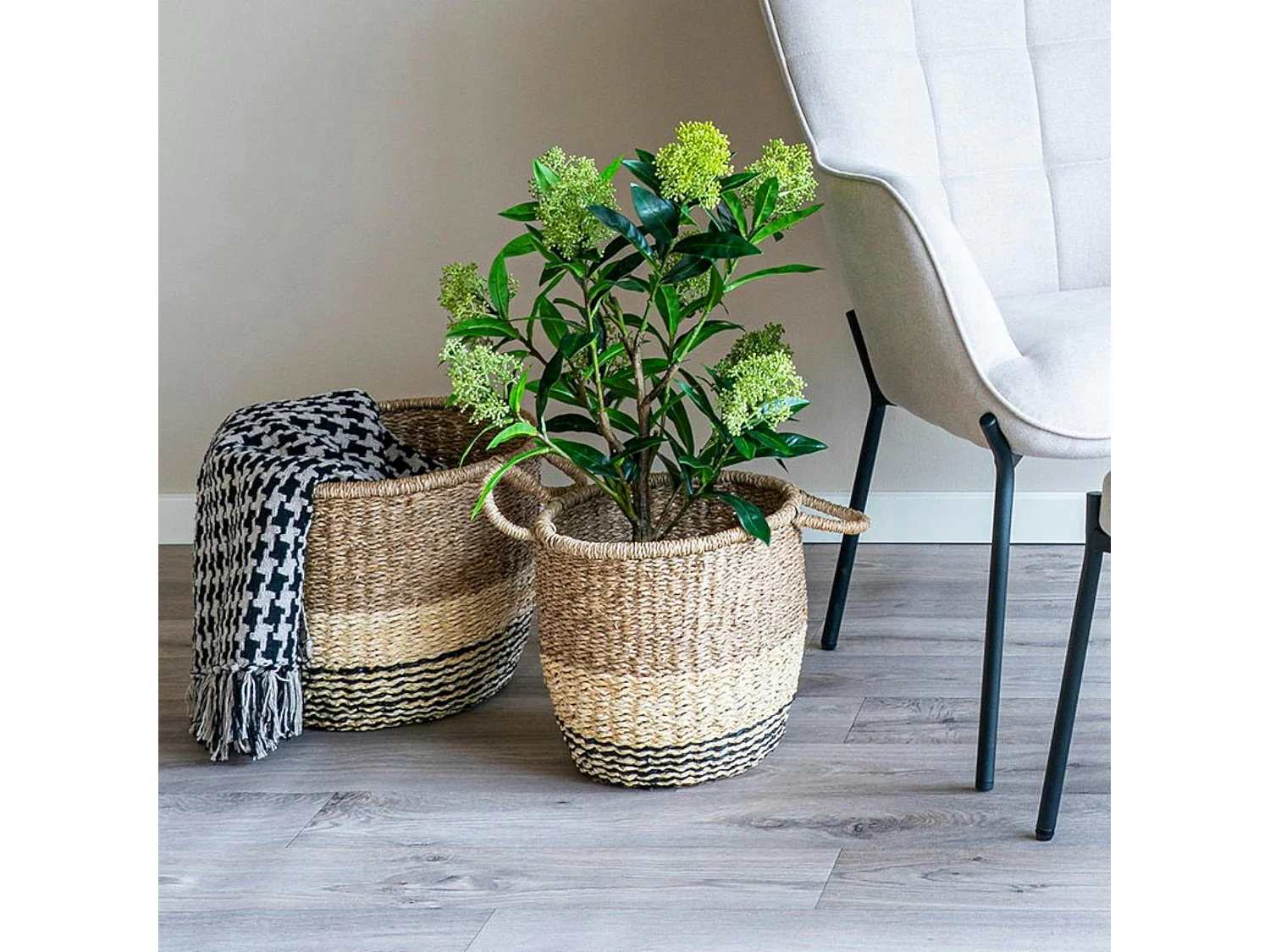 Panier de rangement en jonc de mer 3 couleurs avec poignées (lot de 2)