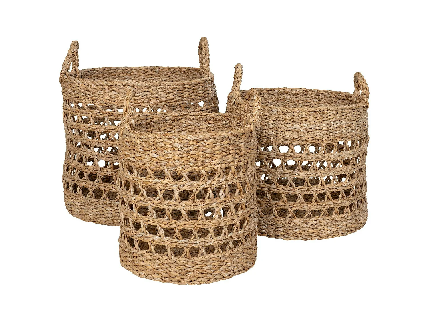 Panier cache-pot rond avec poignées, tressage ajouré (lot de 3)