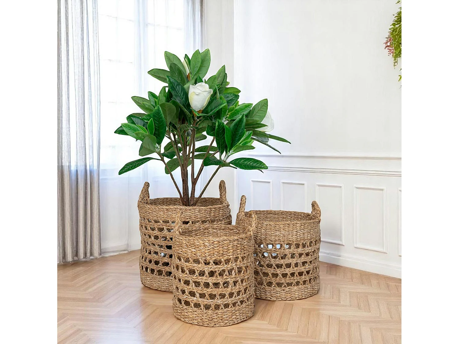 Panier cache-pot rond avec poignées, tressage ajouré (lot de 3)