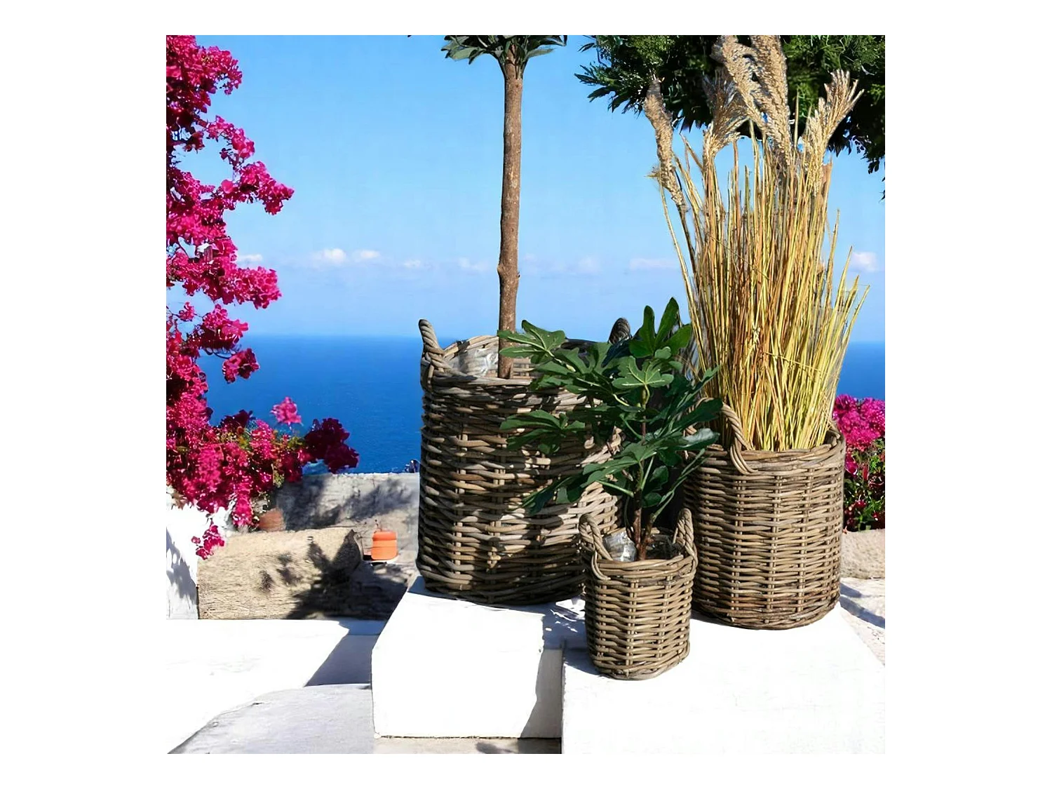 Cache-pot en rotin tressé avec anses (lot de 3)