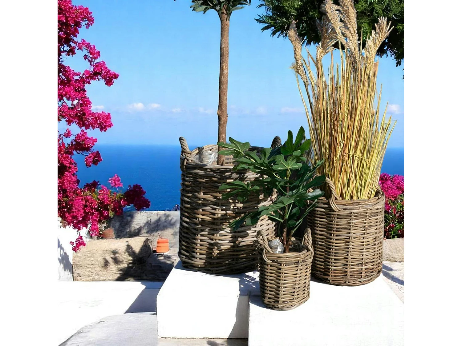 Cache-pot en rotin tressé avec anses (lot de 3)