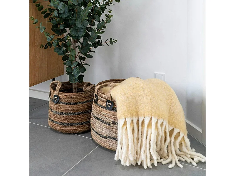 Panier cache-pot en feuille de bananier, tons noir et naturel (lot de 2)