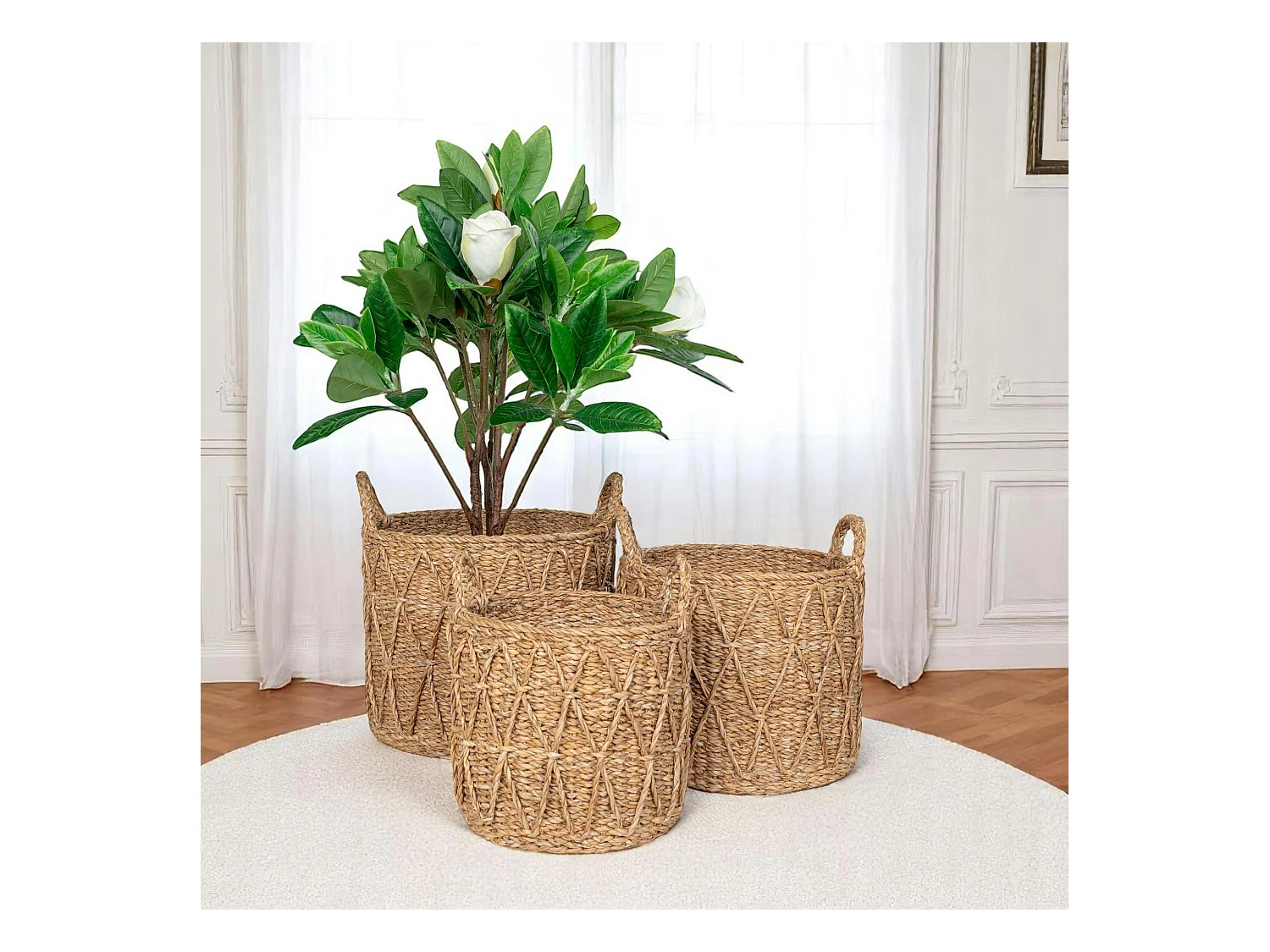 Panier cache-pot en jonc de mer avec motif losange (lot de 3)