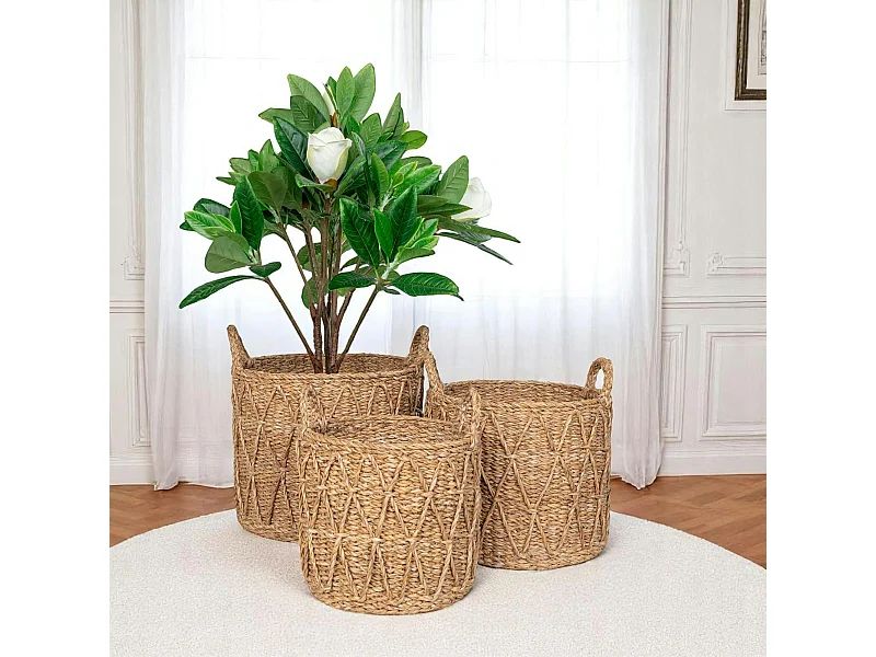 Panier cache-pot en jonc de mer avec motif losange (lot de 3)