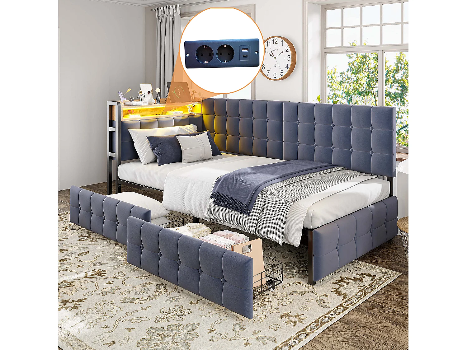 Letto divano per bambini 90x200 cm grigio in velluto con 2 cassetti, LED e porta USB, struttura in metallo, senza materasso