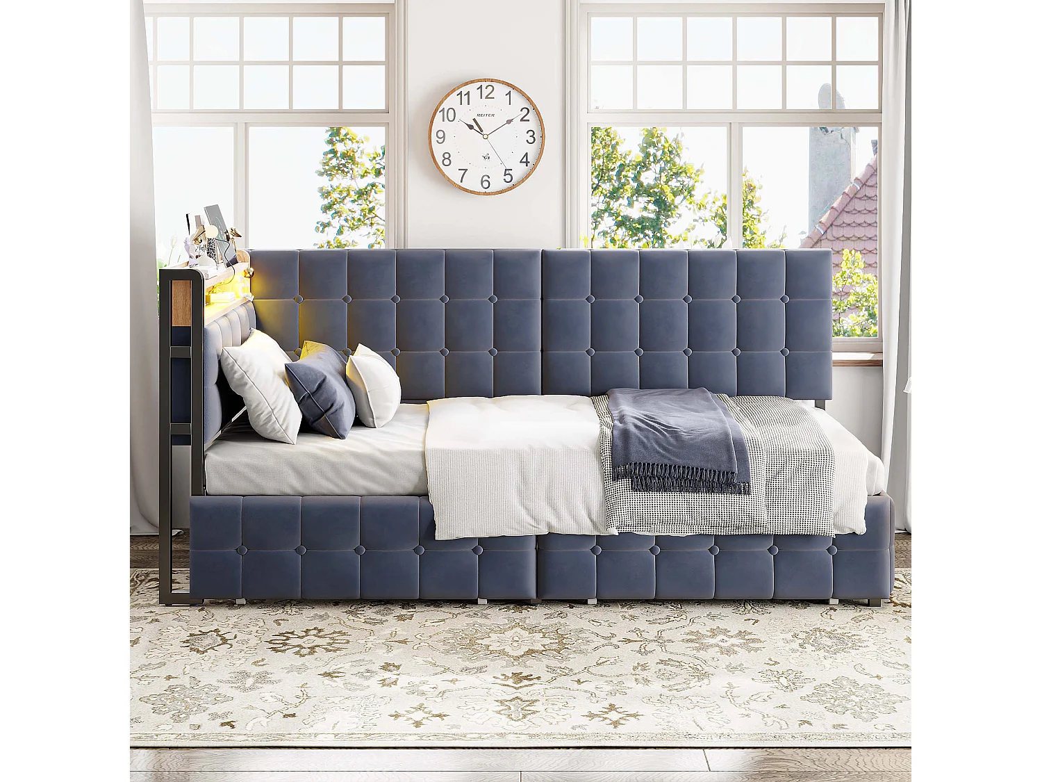 Letto divano per bambini 90x200 cm grigio in velluto con 2 cassetti, LED e porta USB, struttura in metallo, senza materasso