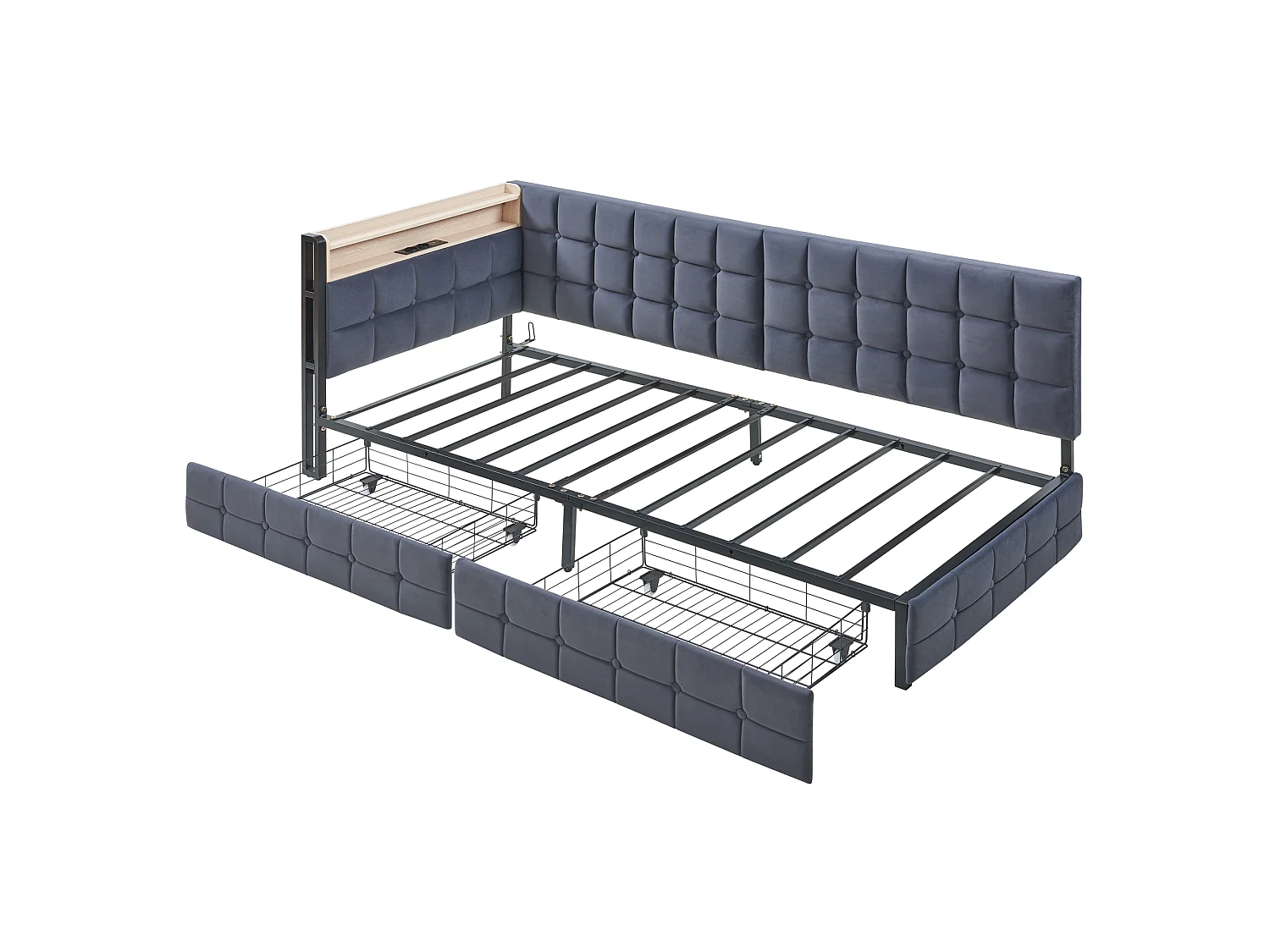 Barndagbädd 90x200cm grå sammet med 2 lådor, LED- och USB-portar, metallram, madrass ingår ej