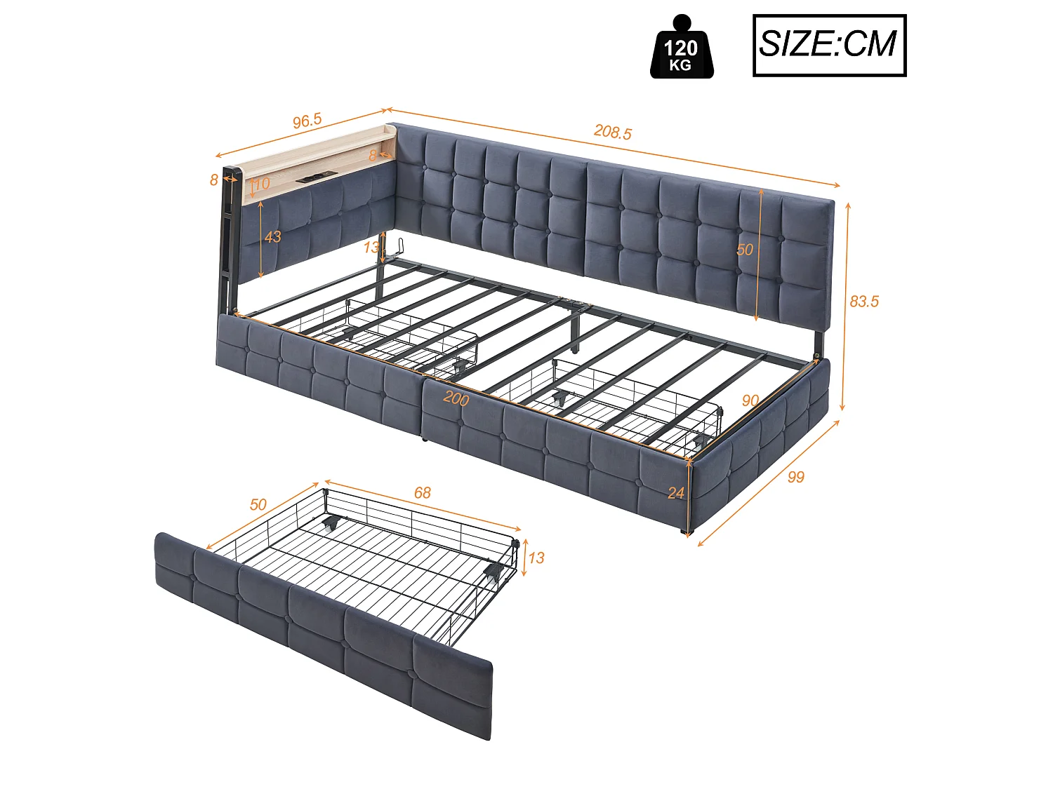Barndagbädd 90x200cm grå sammet med 2 lådor, LED- och USB-portar, metallram, madrass ingår ej