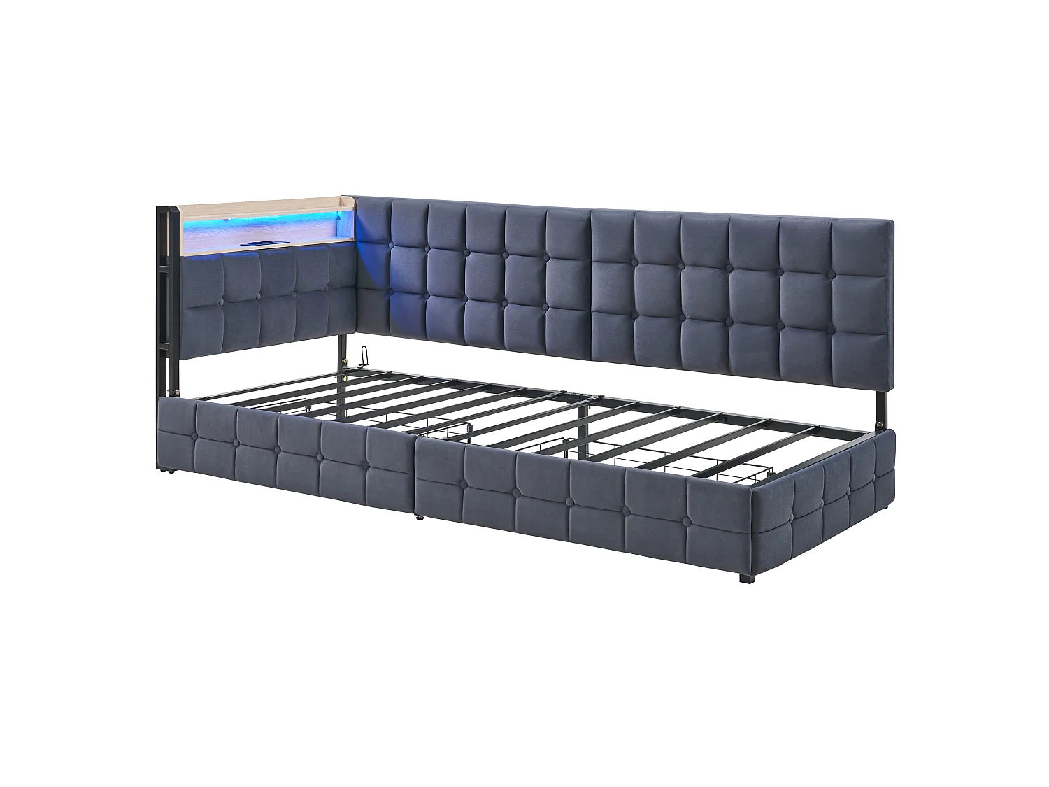 Barndagbädd 90x200cm grå sammet med 2 lådor, LED- och USB-portar, metallram, madrass ingår ej