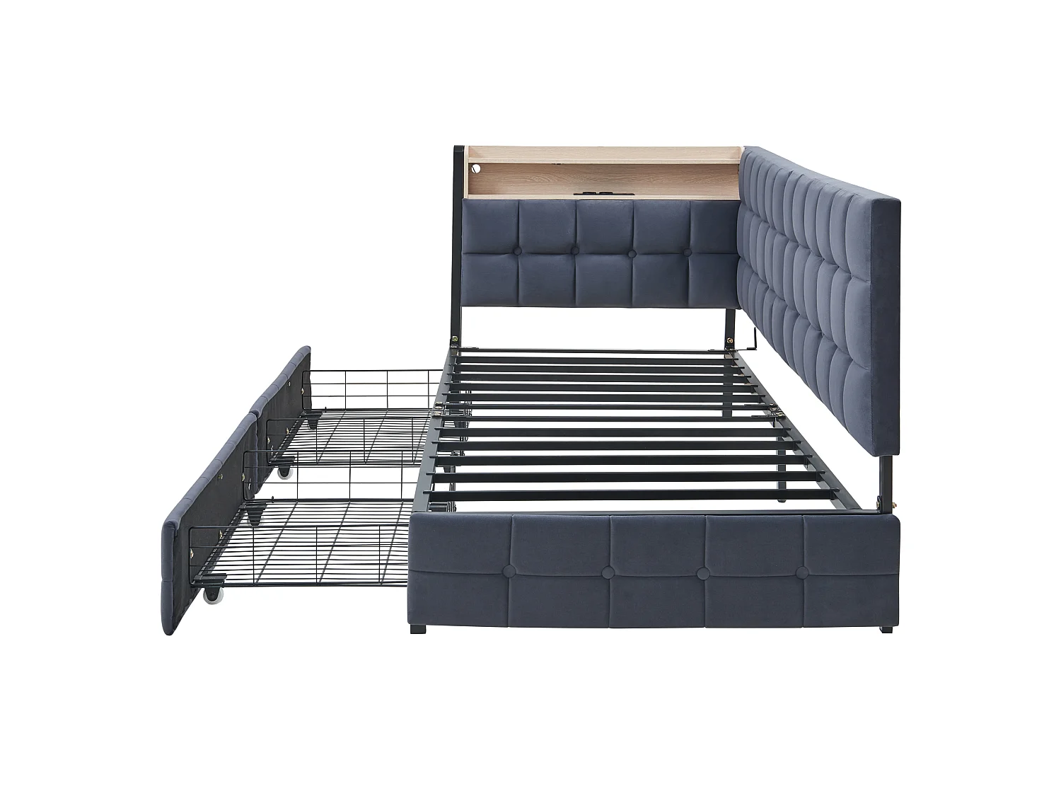 Barndagbädd 90x200cm grå sammet med 2 lådor, LED- och USB-portar, metallram, madrass ingår ej