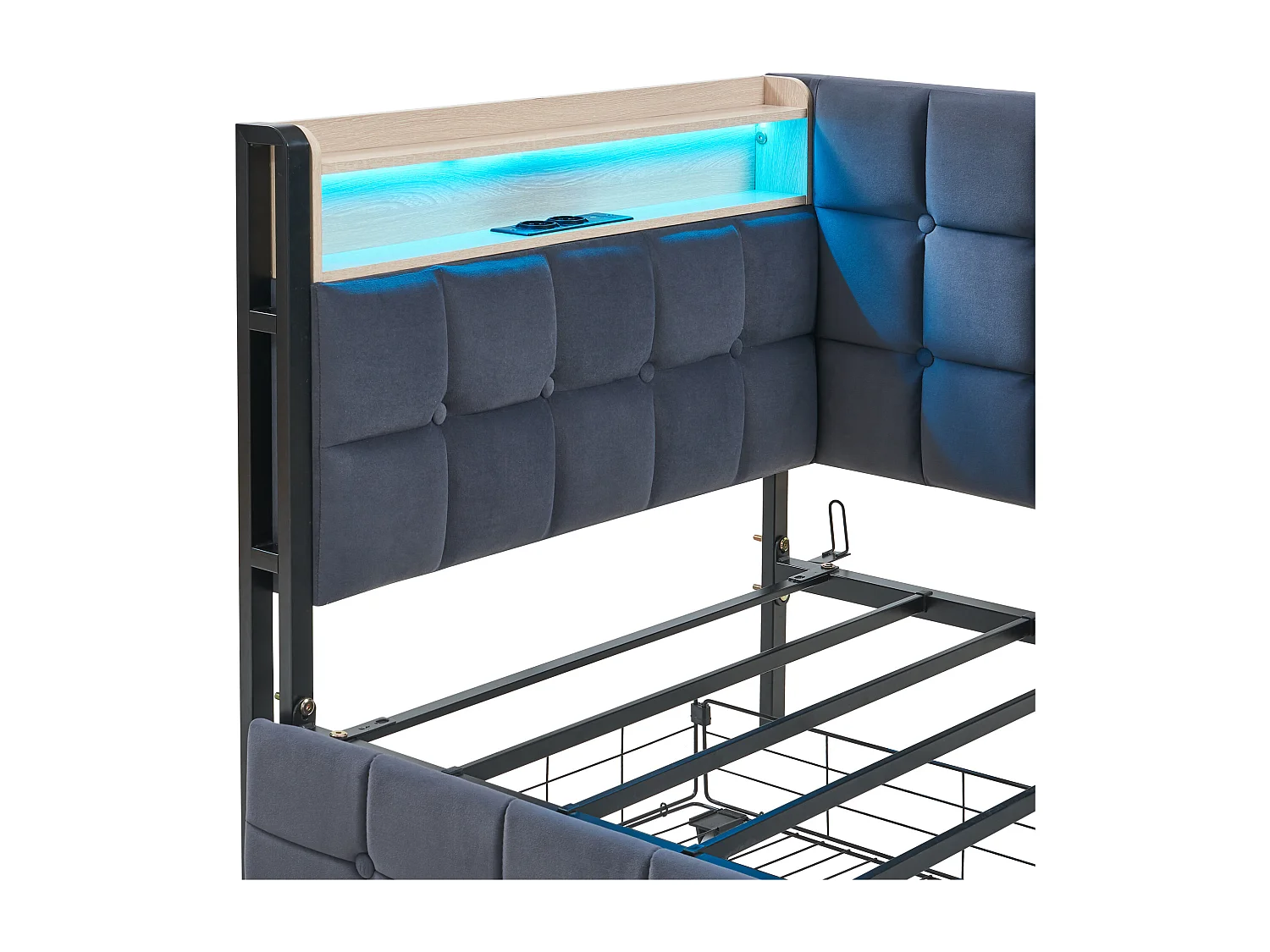 Barndagbädd 90x200cm grå sammet med 2 lådor, LED- och USB-portar, metallram, madrass ingår ej