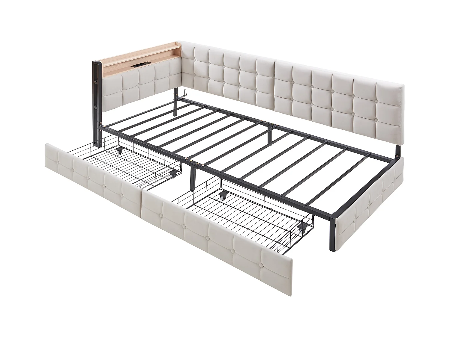 Lit banquette enfant 90x200cm beige en velours avec 2 tiroirs, LED et USB, cadre en métal, sans matelas