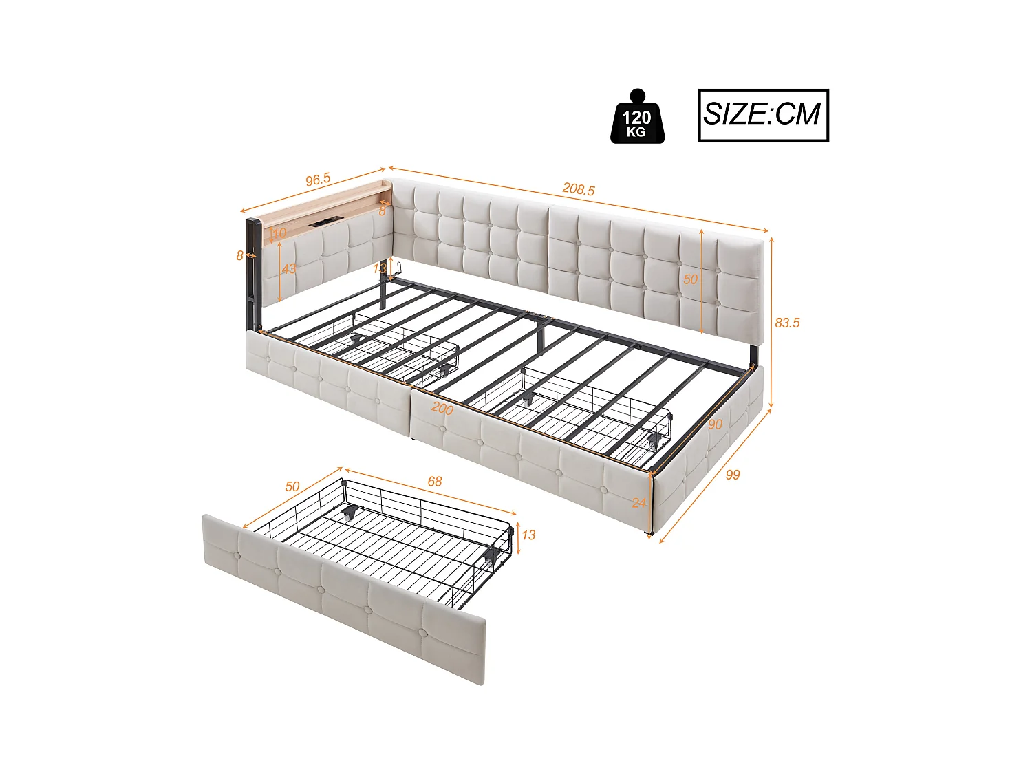 Lit banquette enfant 90x200cm beige en velours avec 2 tiroirs, LED et USB, cadre en métal, sans matelas
