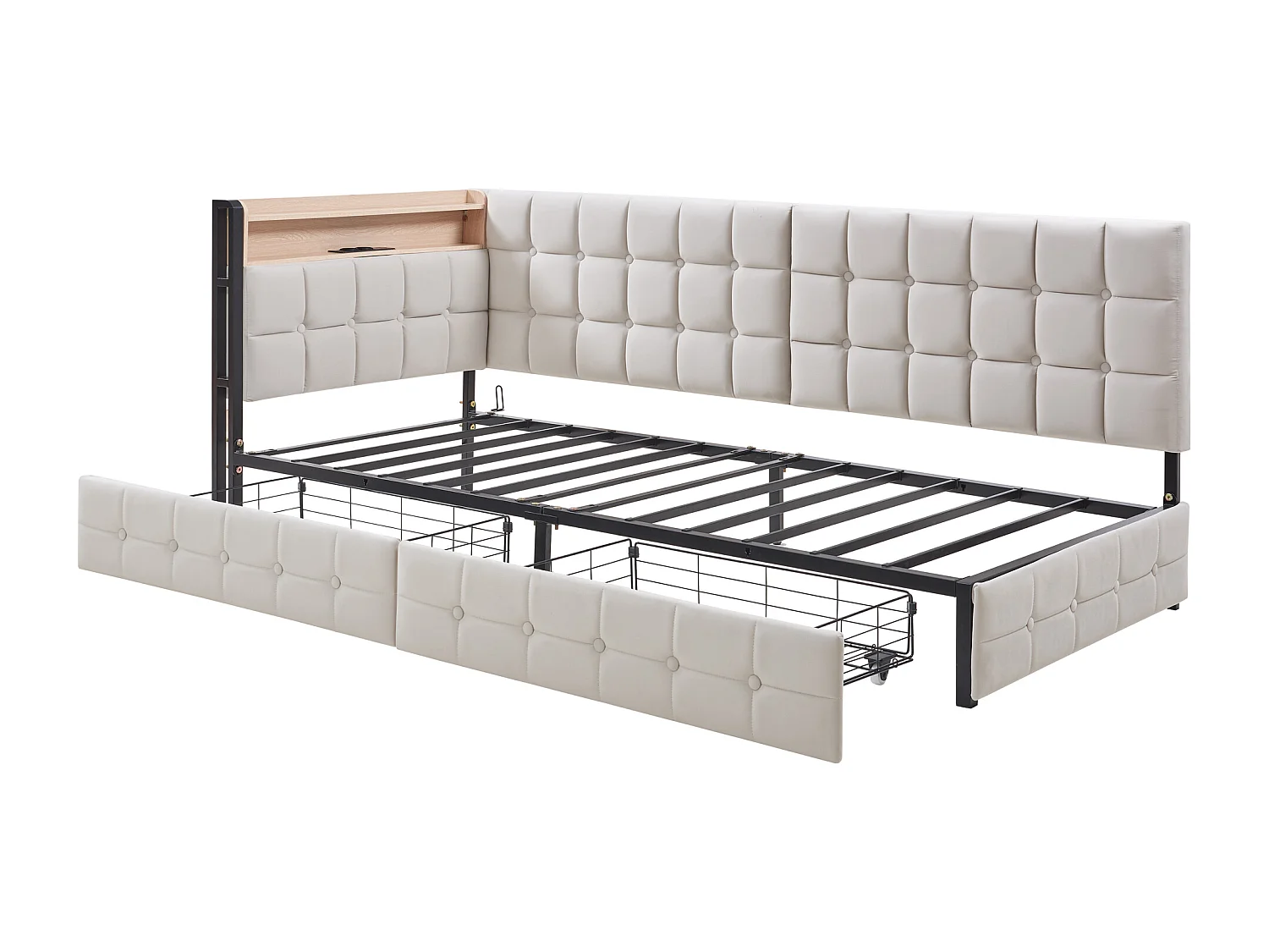 Lit banquette enfant 90x200cm beige en velours avec 2 tiroirs, LED et USB, cadre en métal, sans matelas