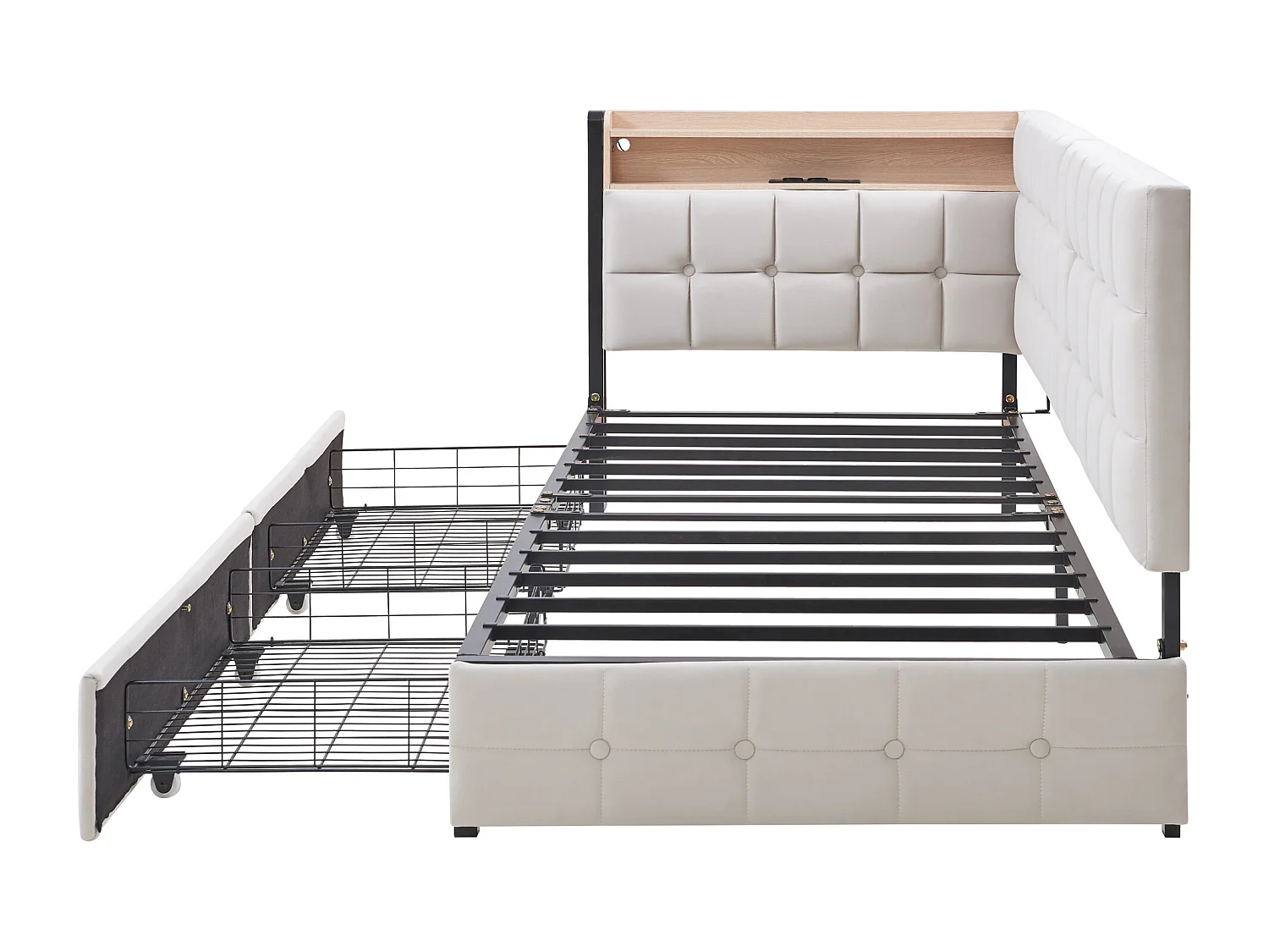 Lit banquette enfant 90x200cm beige en velours avec 2 tiroirs, LED et USB, cadre en métal, sans matelas