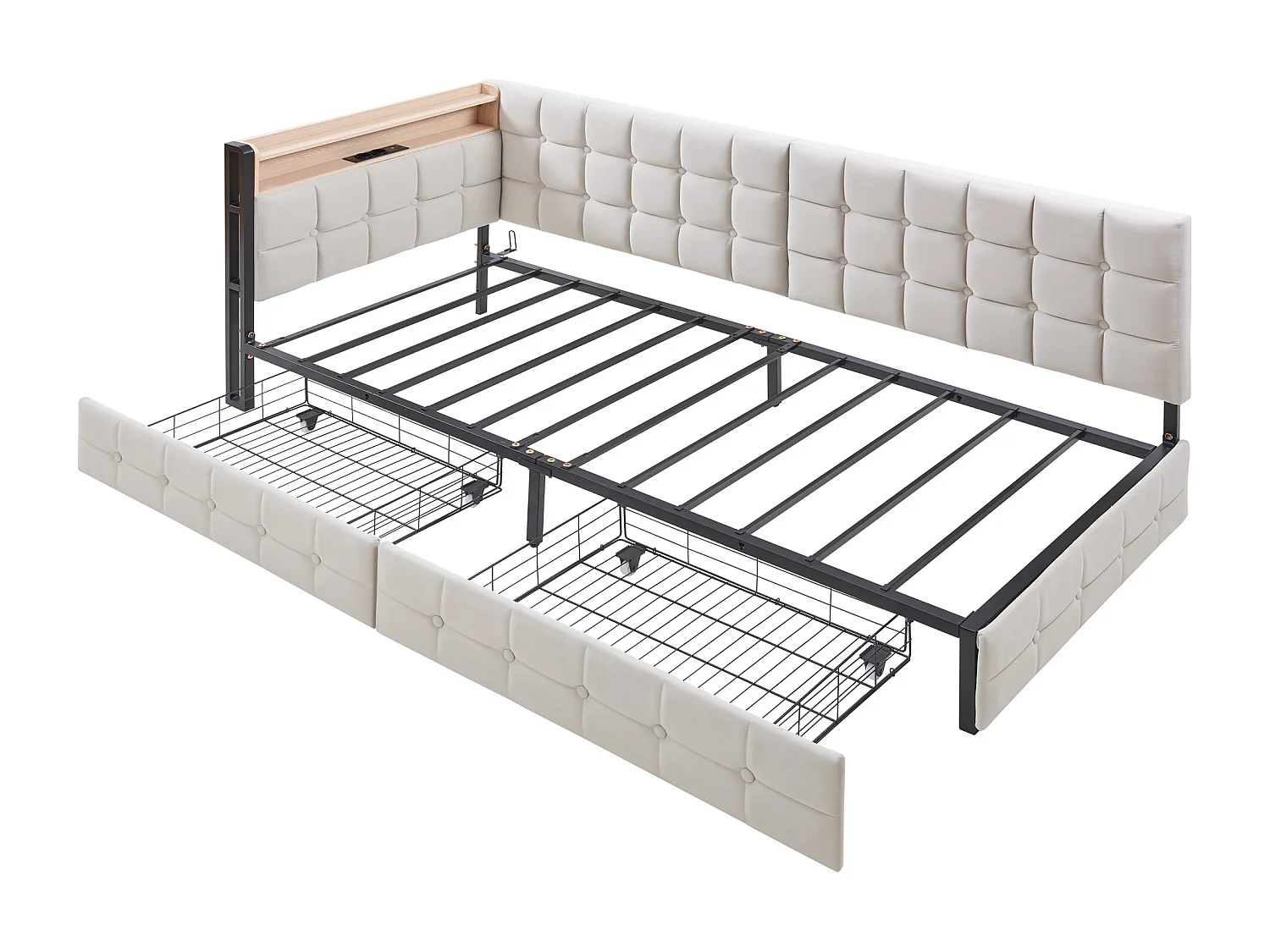 Lit banquette enfant 90x200cm beige en velours avec 2 tiroirs, LED et USB, cadre en métal, sans matelas